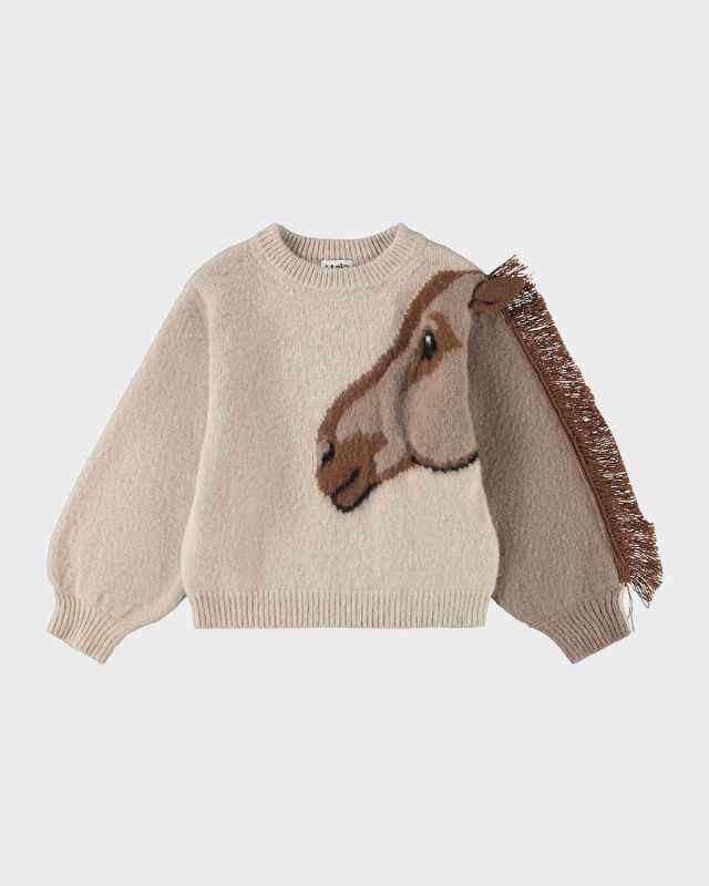 Girl's Gisela Wool Horse Fringe Sweater, Size 0M-12